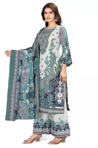 Grey color crepe silk printed women unstitched dress material