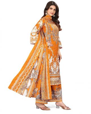 Orange color crepe silk printed women unstitched dress material 2