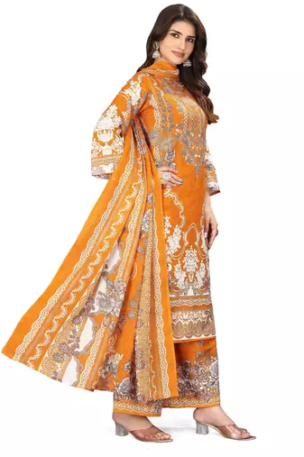 Orange color crepe silk printed women unstitched dress material