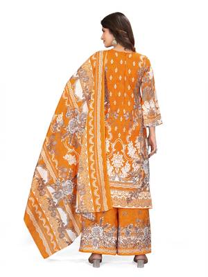 Orange color crepe silk printed women unstitched dress material 3