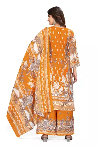 Orange color crepe silk printed women unstitched dress material