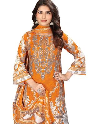 Orange color crepe silk printed women unstitched dress material 4