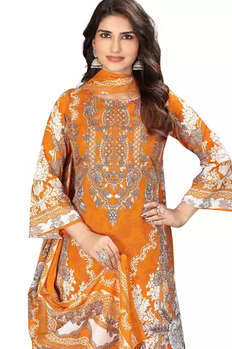 Orange color crepe silk printed women unstitched dress material