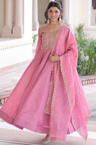 Pretty Pink Sequins Crushed Engagement Wear Gown With Dupatta