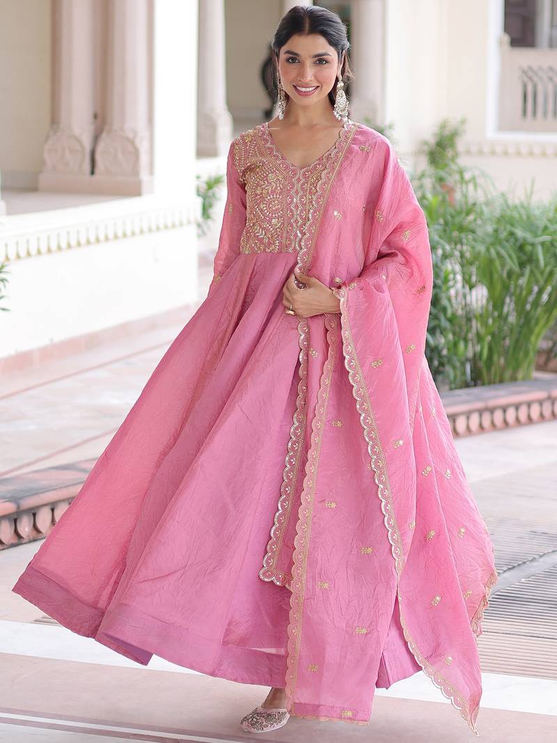 Pretty Pink Sequins Crushed Engagement Wear Gown With Dupatta