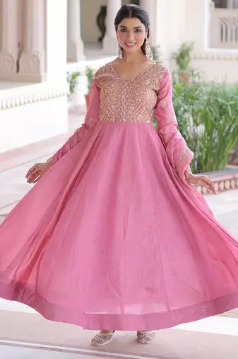 Pretty Pink Sequins Crushed Engagement Wear Gown With Dupatta