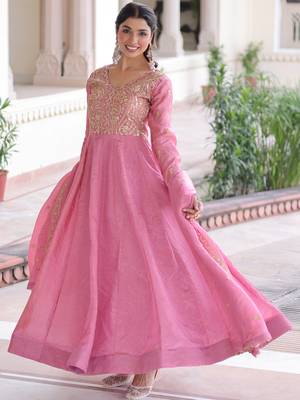 Pretty Pink Sequins Crushed Engagement Wear Gown With Dupatta 4
