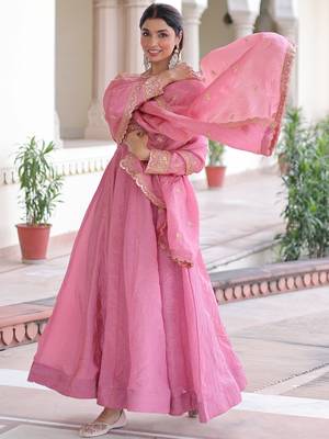Pretty Pink Sequins Crushed Engagement Wear Gown With Dupatta 5