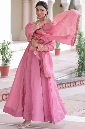 Pretty Pink Sequins Crushed Engagement Wear Gown With Dupatta