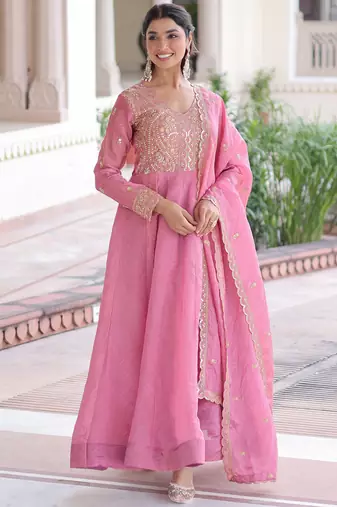 Pretty Pink Sequins Crushed Engagement Wear Gown With Dupatta