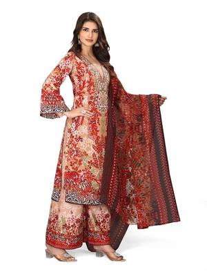 Orange color crepe silk printed women unstitched dress material 2