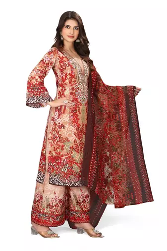 Orange color crepe silk printed women unstitched dress material