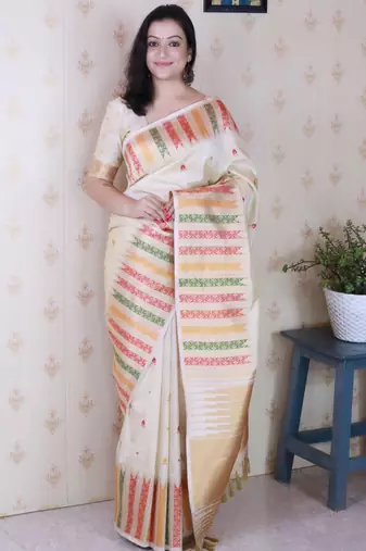 Off white soft silk floral meenakari zari weaving saree with matching blouse piece