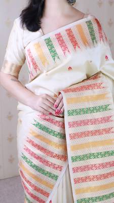 Off white soft silk floral meenakari zari weaving saree with matching blouse piece 4