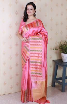 Pink soft silk floral meenakari zari weaving saree with matching blouse piece 1