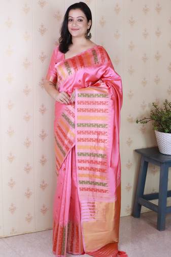 Pink soft silk floral meenakari zari weaving saree with matching blouse piece