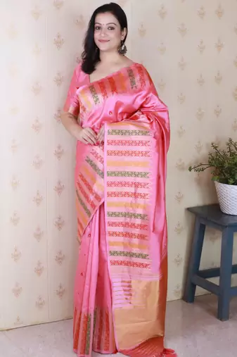 Pink soft silk floral meenakari zari weaving saree with matching blouse piece