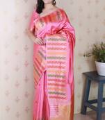 Pink soft silk floral meenakari zari weaving saree with matching blouse piece