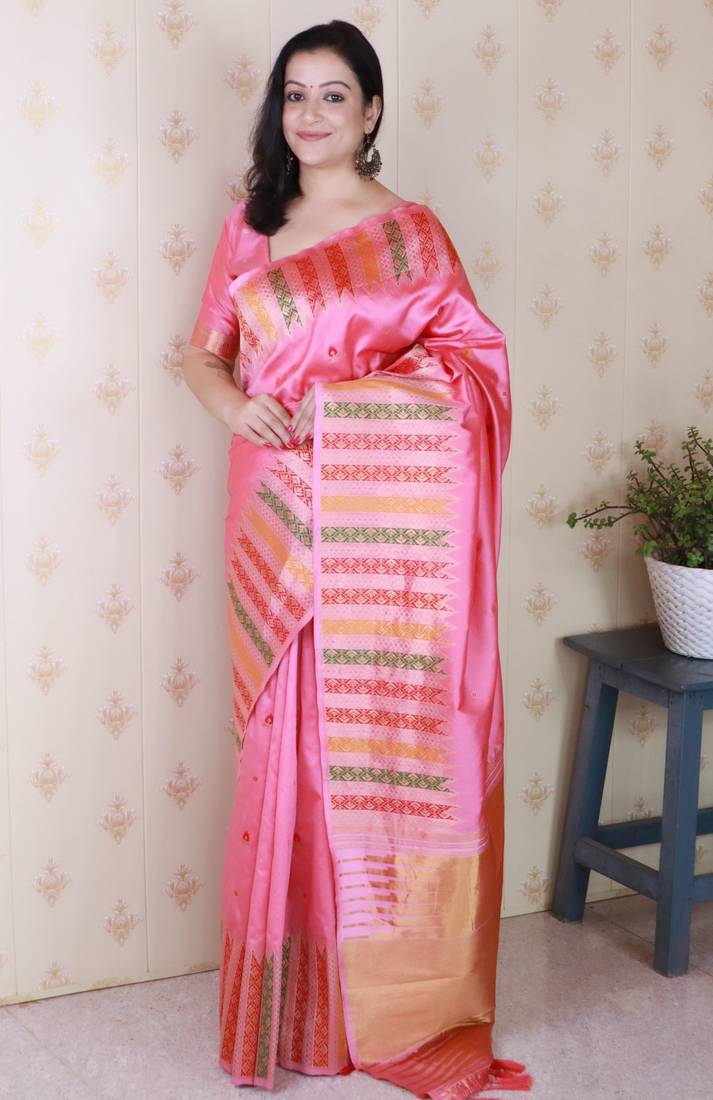 Pink soft silk floral meenakari zari weaving saree with matching blouse piece