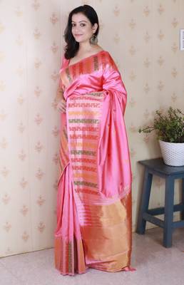 Pink soft silk floral meenakari zari weaving saree with matching blouse piece 3