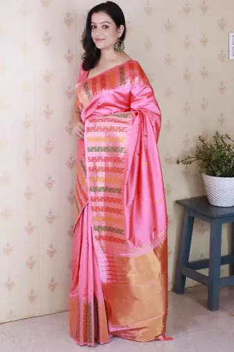 Pink soft silk floral meenakari zari weaving saree with matching blouse piece
