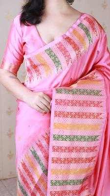 Pink soft silk floral meenakari zari weaving saree with matching blouse piece 4