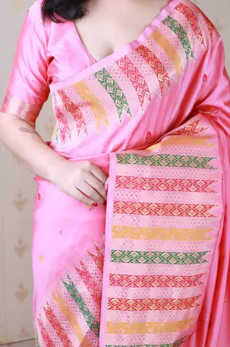 Pink soft silk floral meenakari zari weaving saree with matching blouse piece
