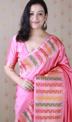 Pink soft silk floral meenakari zari weaving saree with matching blouse piece 5