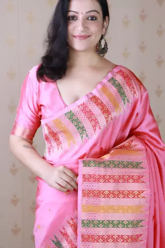 Pink soft silk floral meenakari zari weaving saree with matching blouse piece