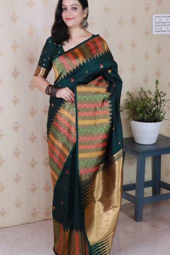 Green soft silk floral meenakari zari weaving saree with matching blouse piece