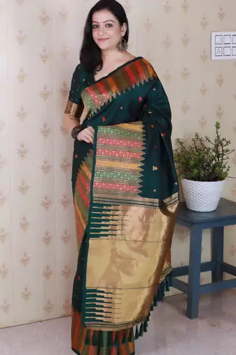 Green soft silk floral meenakari zari weaving saree with matching blouse piece
