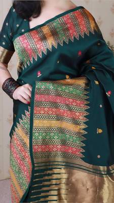Green soft silk floral meenakari zari weaving saree with matching blouse piece 4