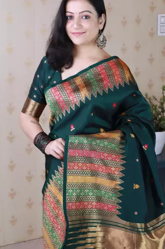 Green soft silk floral meenakari zari weaving saree with matching blouse piece