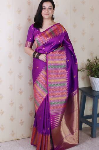 Purple soft silk floral meenakari zari weaving saree with matching blouse piece