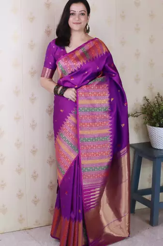 Purple soft silk floral meenakari zari weaving saree with matching blouse piece