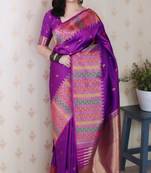 Purple soft silk floral meenakari zari weaving saree with matching blouse piece