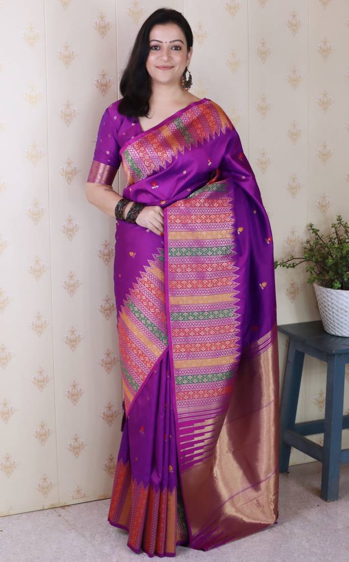 Purple soft silk floral meenakari zari weaving saree with matching blouse piece