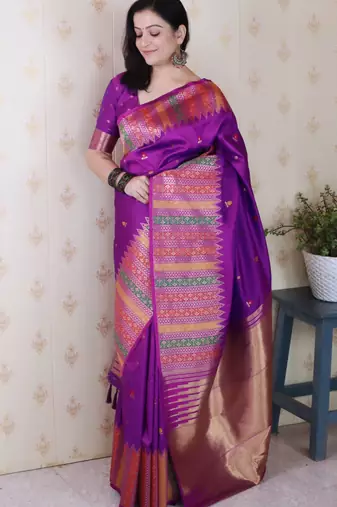 Purple soft silk floral meenakari zari weaving saree with matching blouse piece