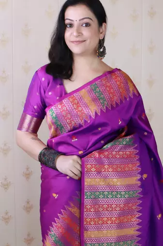 Purple soft silk floral meenakari zari weaving saree with matching blouse piece