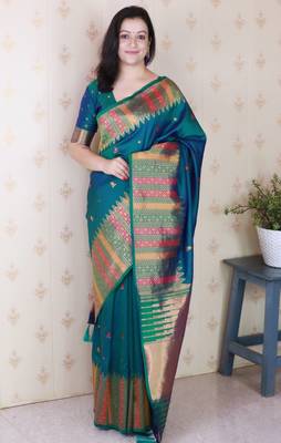 Teal soft silk floral meenakari zari weaving saree with matching blouse piece 1