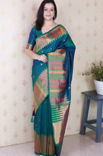 Teal soft silk floral meenakari zari weaving saree with matching blouse piece