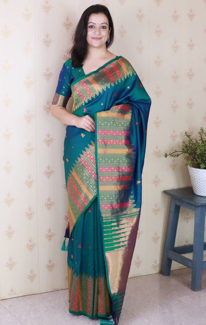 Teal soft silk floral meenakari zari weaving saree with matching blouse piece