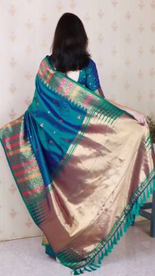 Teal soft silk floral meenakari zari weaving saree with matching blouse piece 2
