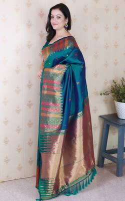 Teal soft silk floral meenakari zari weaving saree with matching blouse piece 3