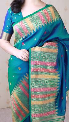Teal soft silk floral meenakari zari weaving saree with matching blouse piece 4