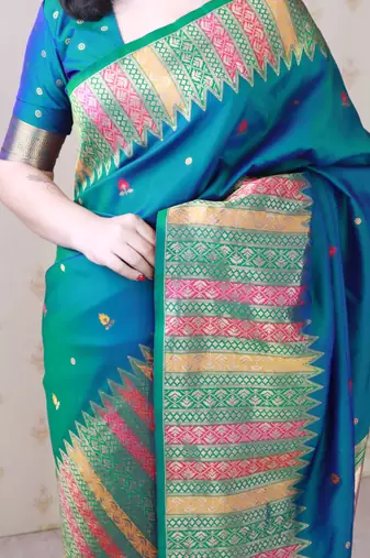 Teal soft silk floral meenakari zari weaving saree with matching blouse piece