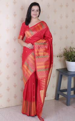 Red soft silk floral meenakari zari weaving saree with matching blouse piece 1