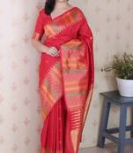 Red soft silk floral meenakari zari weaving saree with matching blouse piece