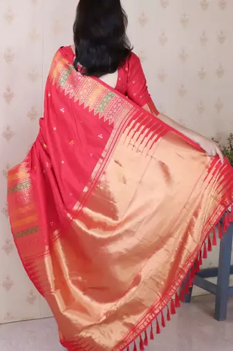Red soft silk floral meenakari zari weaving saree with matching blouse piece