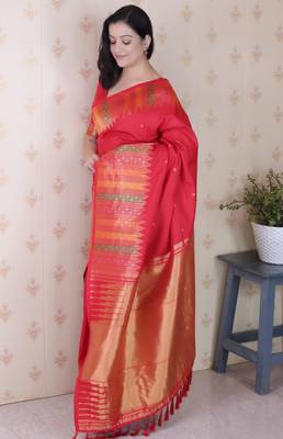 Red soft silk floral meenakari zari weaving saree with matching blouse piece 3